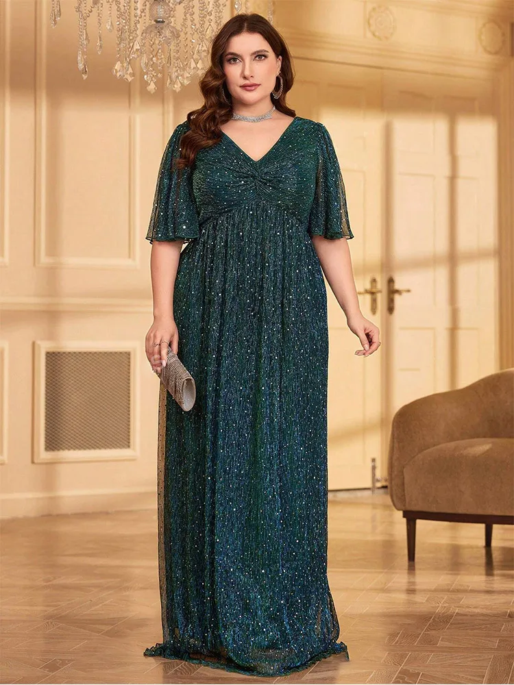 Plus Size Green Colorful Short-Sleeved Floor-Length Evening Dress 4xl 5xl Big Size Chiffon Shiny Evening Prom Dress For Women