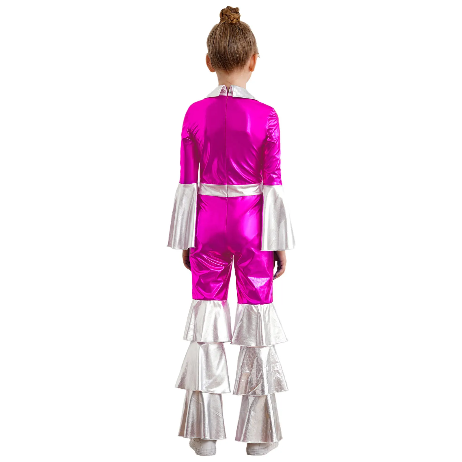 Kids Girls Disco Jumpsuit Color Block Metallic Tiered Ruffles Flare Sleeve Bell-Bottom Halloween Dance Costume