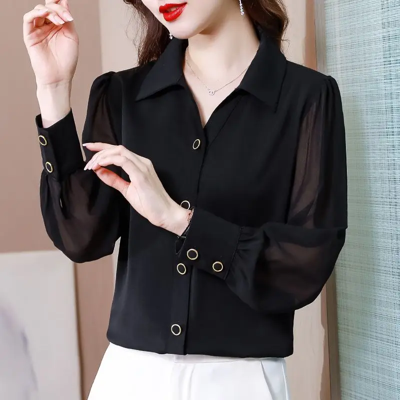 Women\'s Clothing Commute Solid Color Shirt All-match Polo-Neck Stylish Single-breasted 2023 New Spring Autumn Long Sleeve Blouse