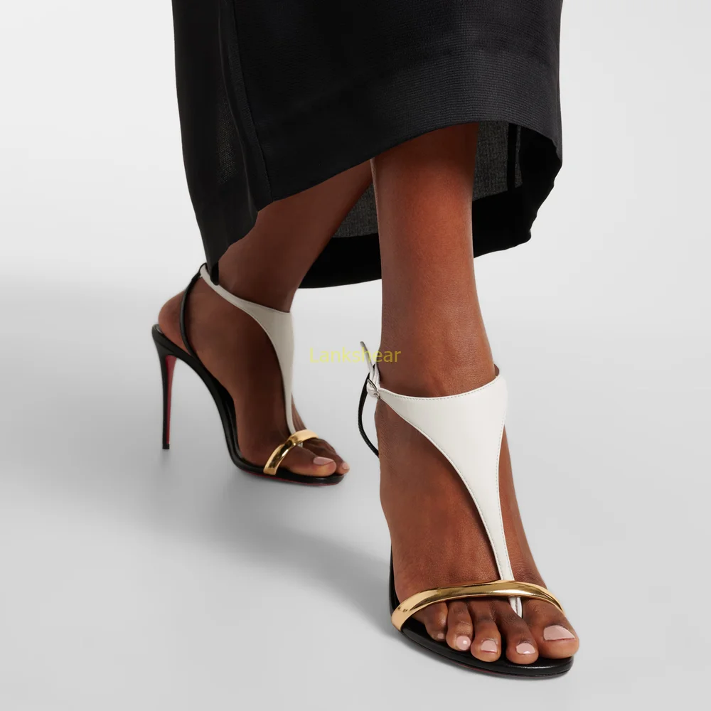 

One Word Belt Patchword Sandals Sexy Rouned Toe Thin Heel Slingback Buckle Strap New Arrivals Fashion Women Modern Shoes
