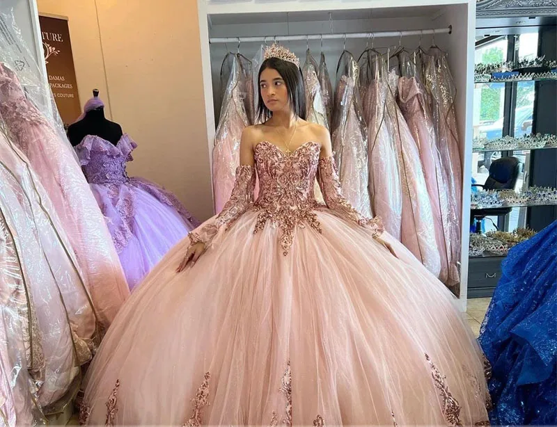 Rose Gold Quinceanera Dresses Ball Gown Sweetheart Tulle Appliques Sparkly Sweet 16 Dresses 15 Años Mexican Customized