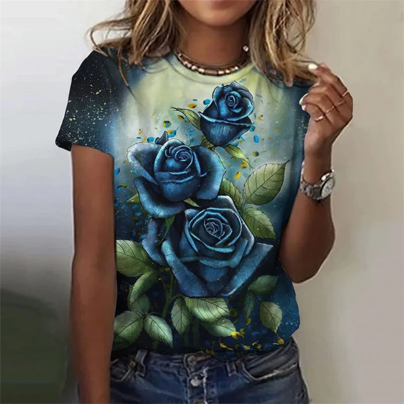 New Summer Vintage 3D Floral Roses Printing T Shirt Women Flowers Graphic T Shirts Girls Fashion Short Sleeves Tee Shirt Clothes