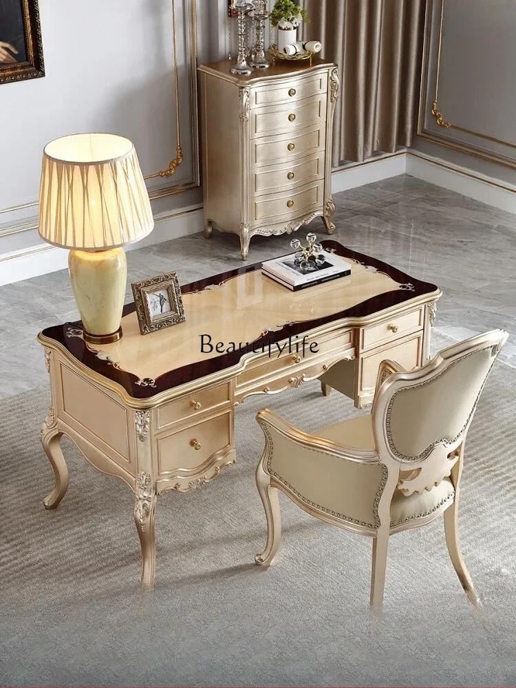 

ls 27 French light luxury solid wood desk and chair leather European retro office bookcase combination