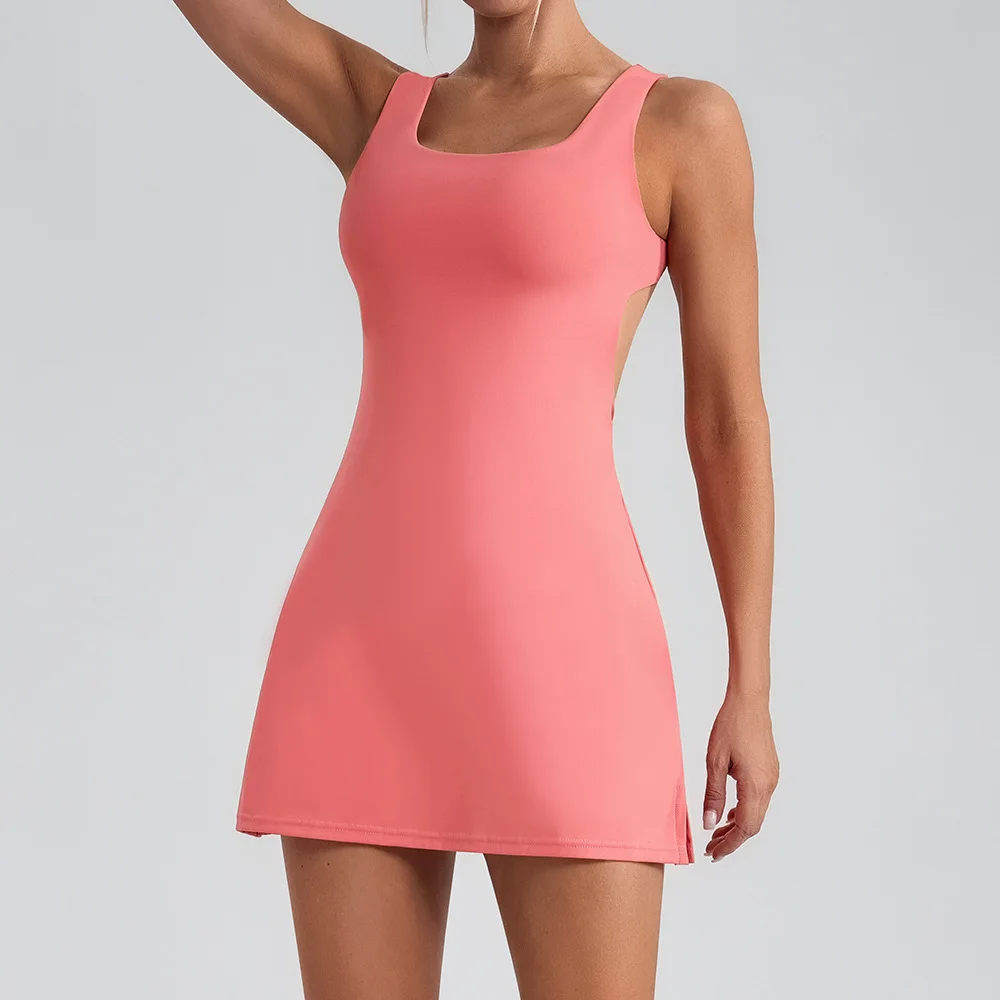 

Backless Sports Tennis Dress with Shorts and Pockets Hollow Out Workout Golf Wear Women Badminton Running Suit Tenis Feminino