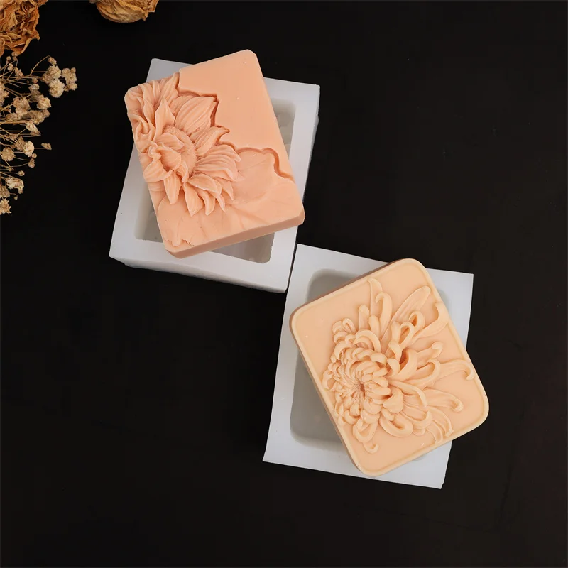 Floral Embossed Silicone Soap Mold, Rectangle Peony Chrysanthemum Orchid Maple Leaf Relief Mold DIY Soap Candle Resin Plaster view 5