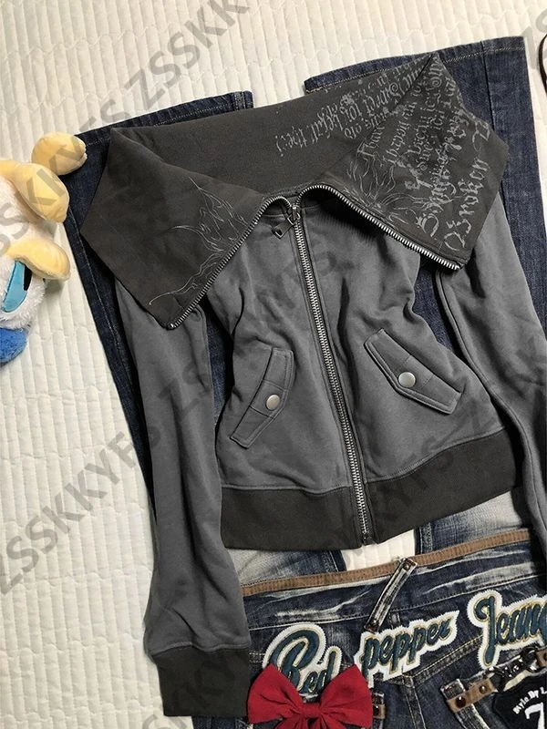 معطف فاسق بسحاب قوطي عتيق بدون أكتاف Y2k ملابس شارع ضيقة جمالية هاراجوكو 2000s سترة شتوية مطبوعة بأحرف أنيقة