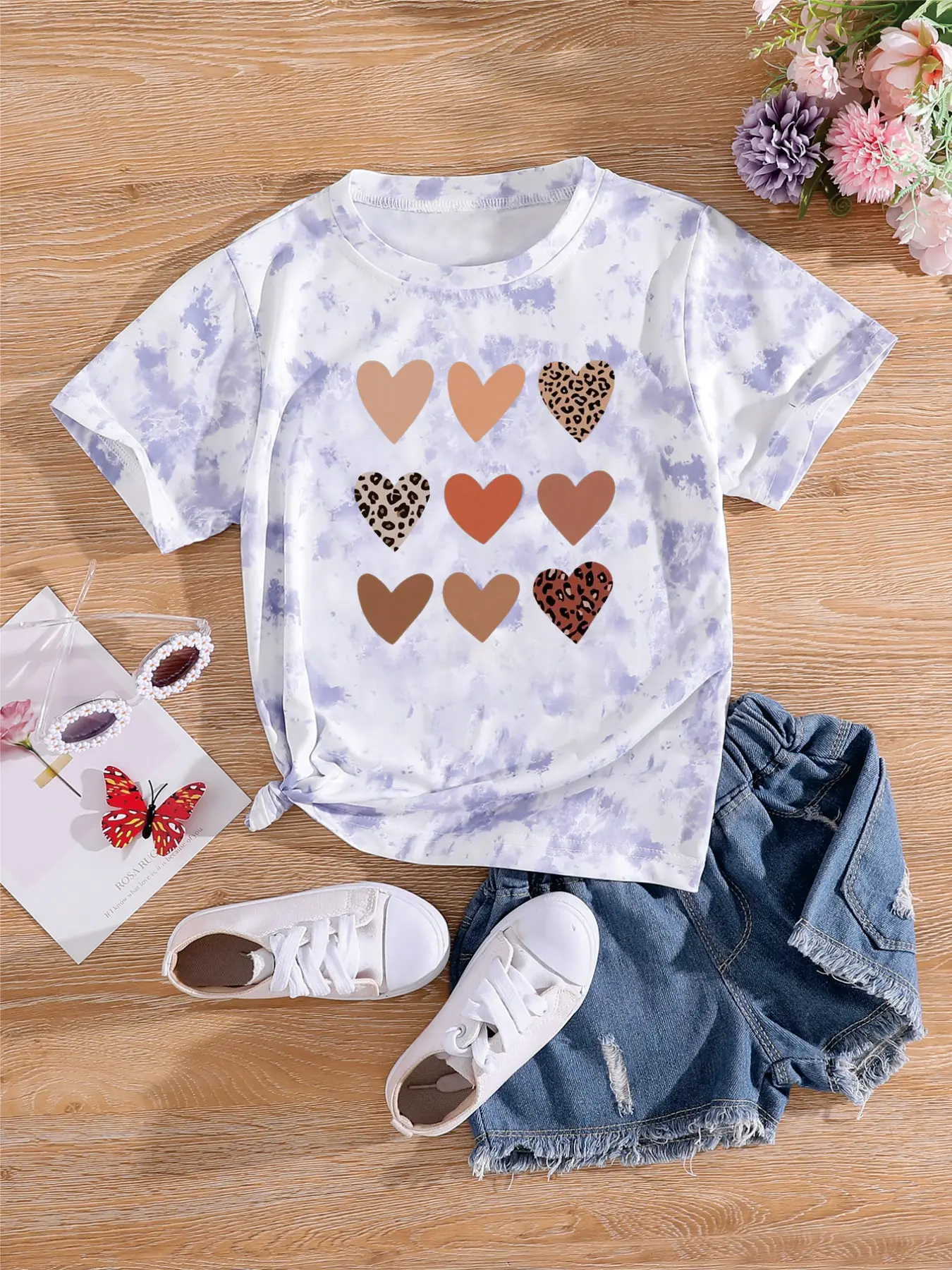 Kids Girls Tie-Dye T-Shirt, Leopard & Solid Hearts Print Short Sleeve Tee for Casual Daily Wear