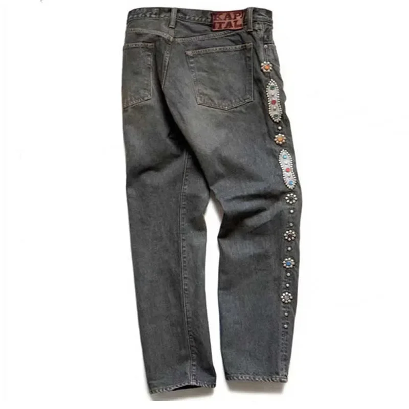 Japan Style KAPITAL 24SS Classic Rivet Set Diamond Casual Cowboy Gemstone Craft Men Jeans Pants