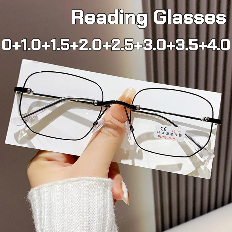 

Business Frameless Reading Glasses for Women Men New Fashion Large Frame High-definition Anti Blue Light Presbyopia Eyeglasses
