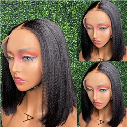 Black 16Inch 180% Density Short Bob Kinky Straight Lace Front Wig For Women With Baby Hair Synthetic Preplucked Glueless Wig