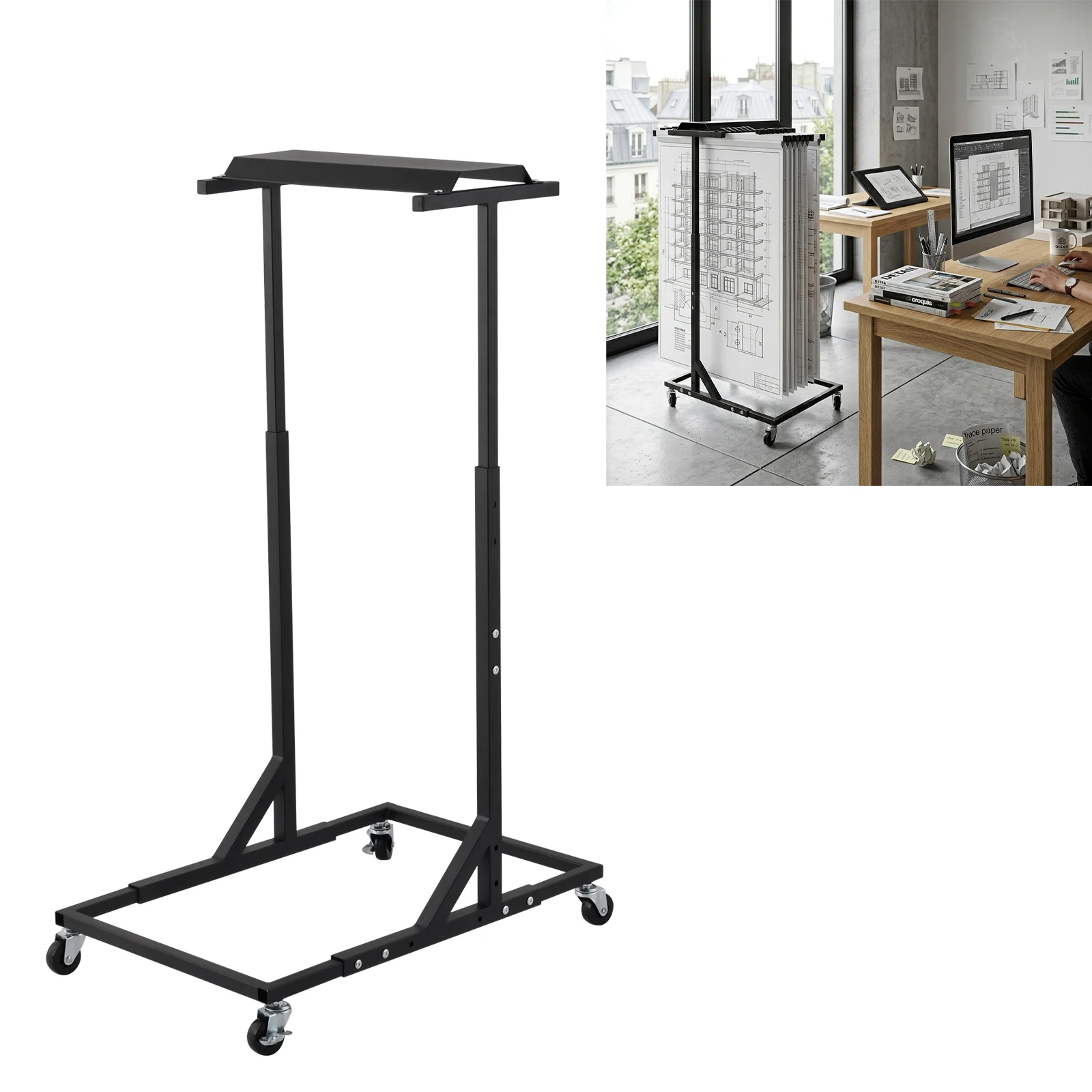 Mobile Blueprint Storage Stand with Adjustable Design and 4 Casters, File Organizer for Plans, Posters, and Office Use(Without Clamps)