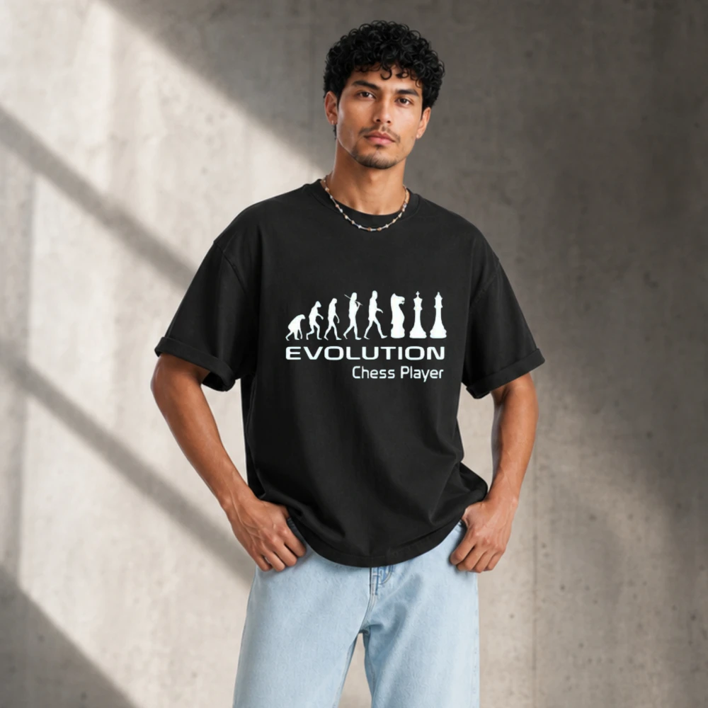 Chess Player Human Evolution Silhouette Graphic T-Shirt Pure Cotton Crew Neck Short Sleeve Tees Evolution Text Chess Pieces Tops