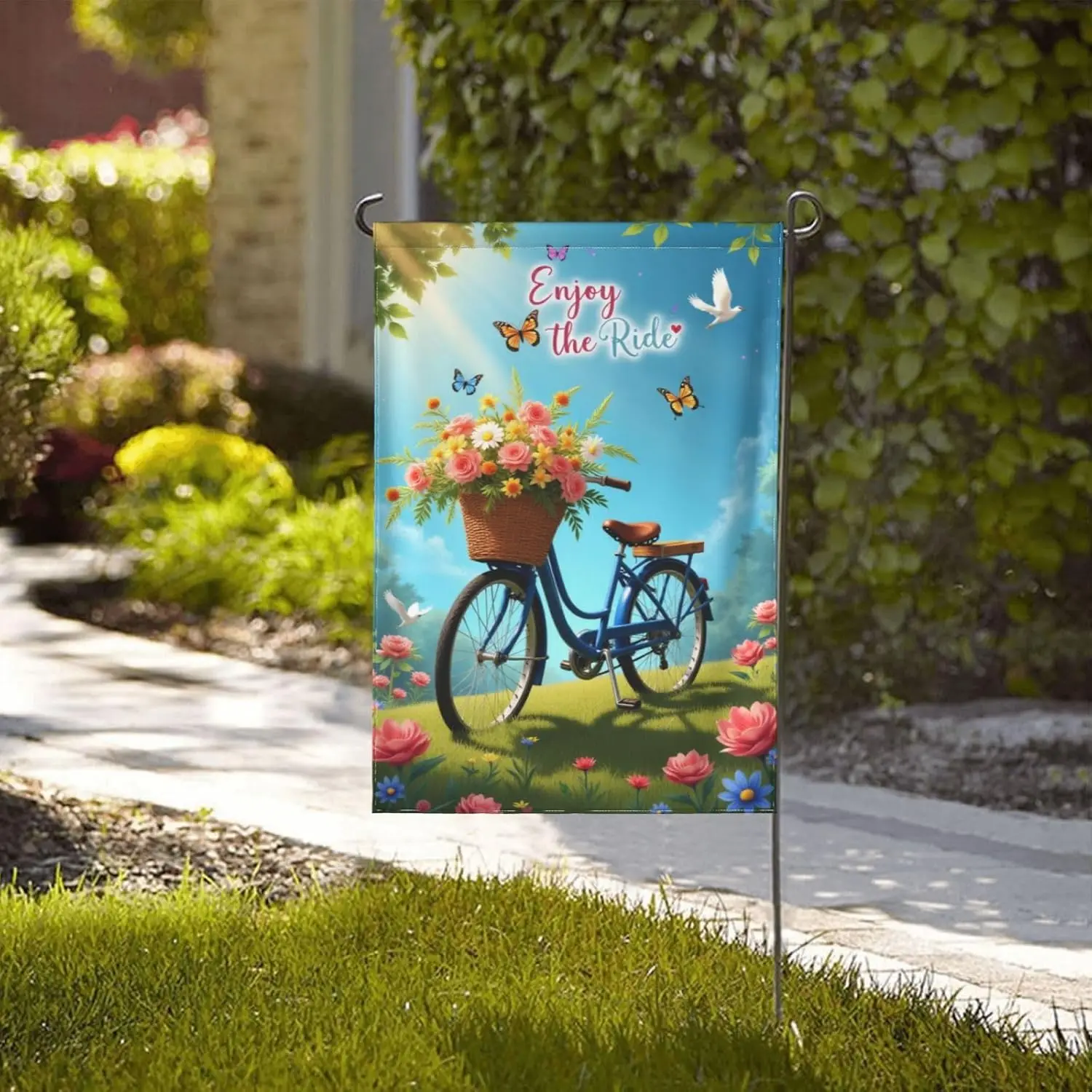 Enjoy The Ride Garden Flag 12x18 Inch Double Sided Bicycle With Flowers Spring Summer Outdoor Yard Flag Butterflies And Dove UUX