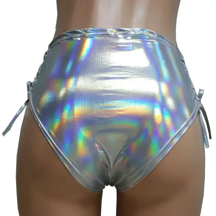 Summer Hologram Festival Rave Wear Clothes Outfits Holographic Lace Up High Waist Shorts Women Holographic Fabric Bikini Bottoms