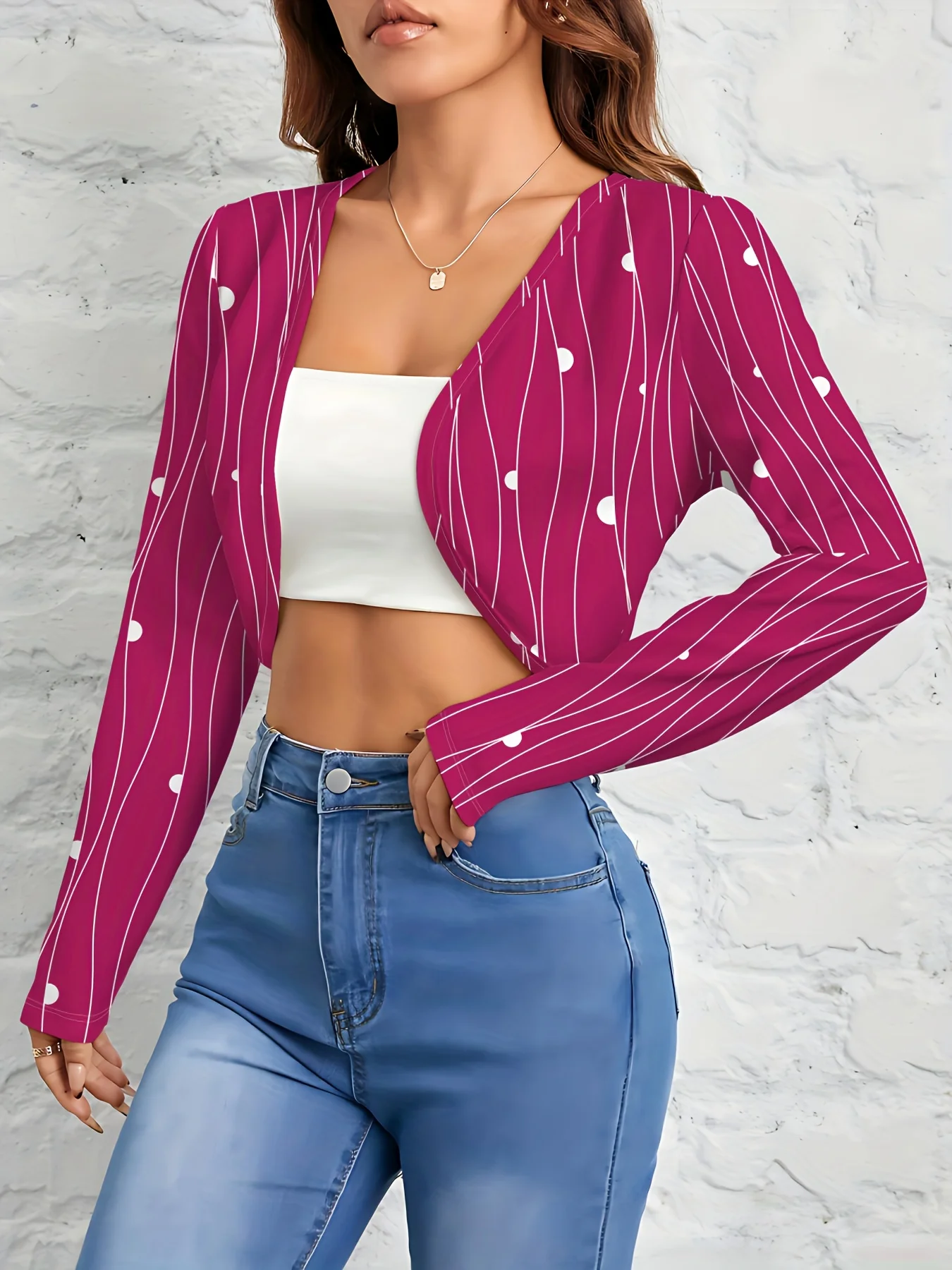 Printed Design Casual Style White Stripes And Dots Cardigan