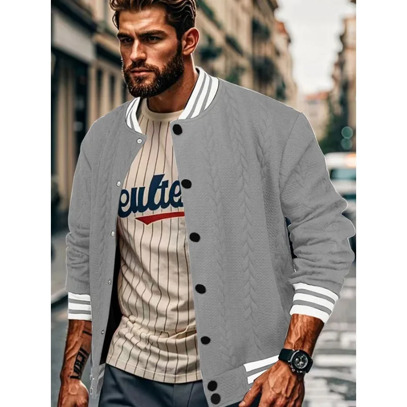 Spring and Autumn New Style Jacquard-breasted Design Trendy Solid Color Men's Cardigan Baseball Uniform