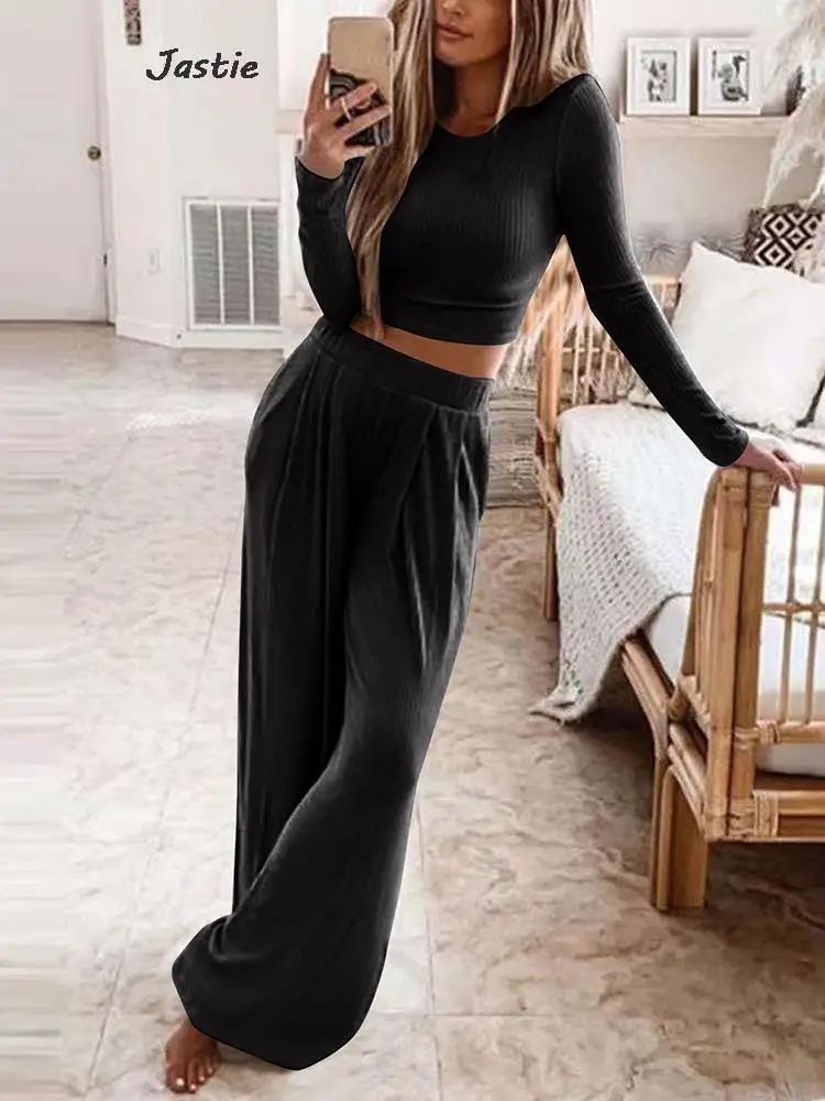 Autumn Solid Two Pieces Suits Women Slim Knit Sweater With Loose Wide-leg Pants Sets Casual Simple Elastic Waist Trousers Suits