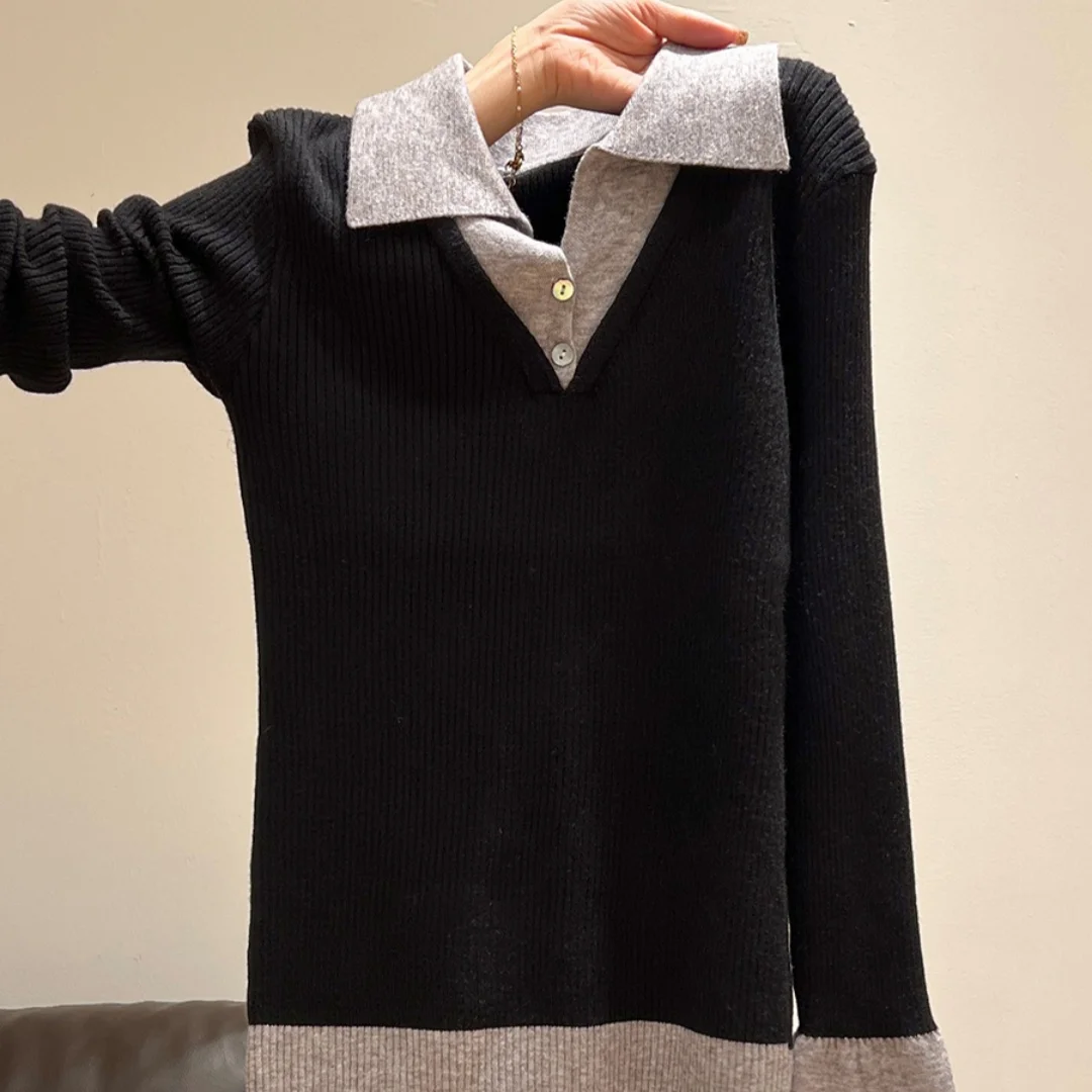 Pull tricoté femmes pulls nouveau à manches longues col rabattu Patchwork tricot pull haut pour femme femmes vêtements Q1357