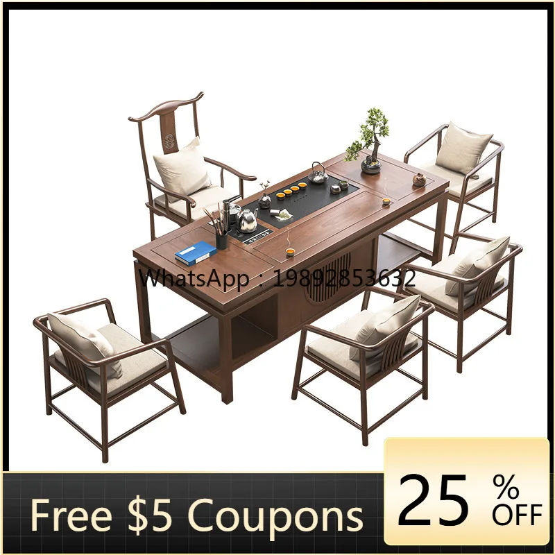 

YFY New Chinese Zen Style Large Tea Table Office One Table Five Chairs Solid Wood Tea Table for Home Use
