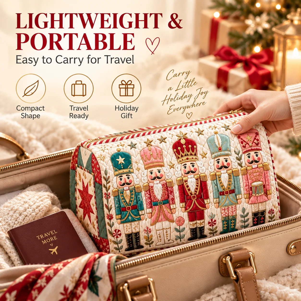 Christmas Makeup Bag Quilted Nutcracker Cosmetic Pouch Portable Travel Toiletry Organizer Zipper Storage Bag Holiday Gift
