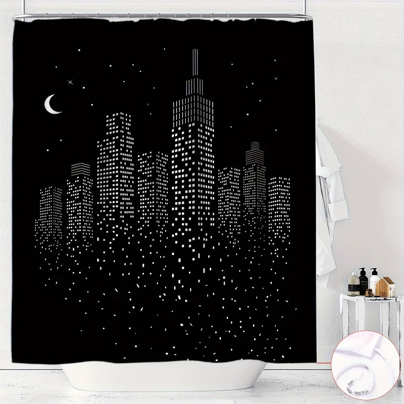 Metropolitan charm, Midnight City skyline print shower curtain-waterproof polyester, machine washable with hooks included, perfe