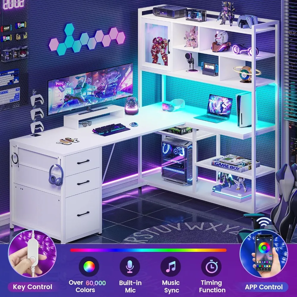L-Shaped 58 Computer Desk with Storage Drawers and Bookshelf, featuring LED Lighting