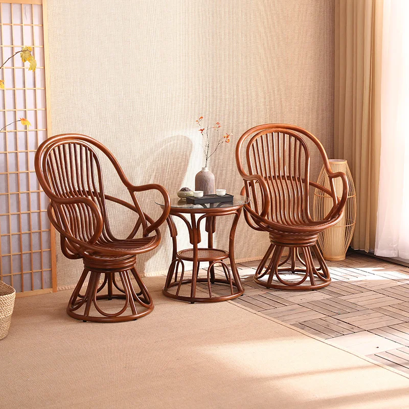 

Indonesian agate rattan swivel chair balcony tea table three-piece leisure table and chair combination one table and two chairs