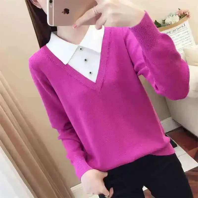 Fake Two-piece Knitted Sweater for Women Autumn Winter Velvet Bottoming Sweater Loose Versatile Foreign Style POLO Collar Top