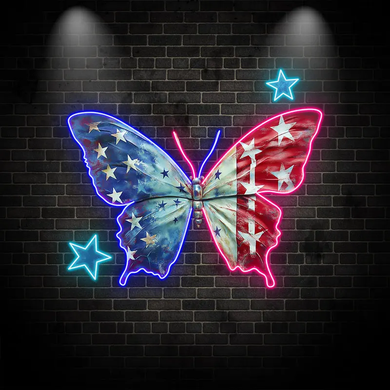 Butterfly American Flag Neon Sign, Independence Day Patriot Room Decor, American Flag Art Neon Led, Blue and Red Butterfly Decor