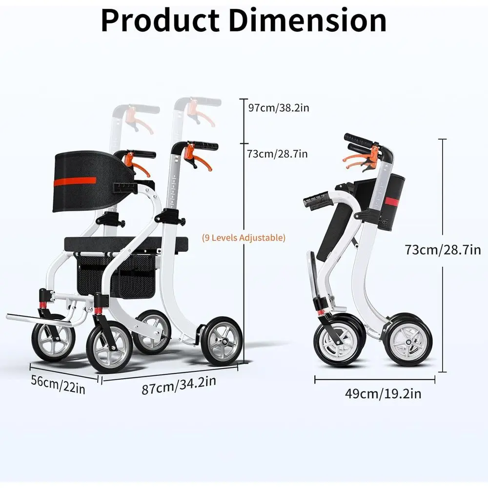 高齢者向けオールインワン折りたたみ式歩行器、軽量アルミニウム製歩行器、人間工学に基づいたデザイン、ホワイト