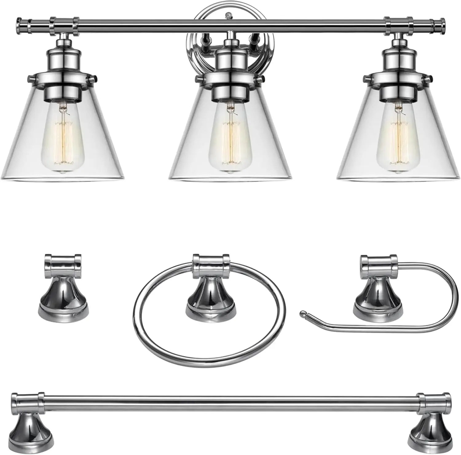 Globe Electric 51234 5-Piece All-In-One Bathroom Accessory Set, With Vanity, Chrome, 3-Light Vanity Light, Clear Glass Shades,