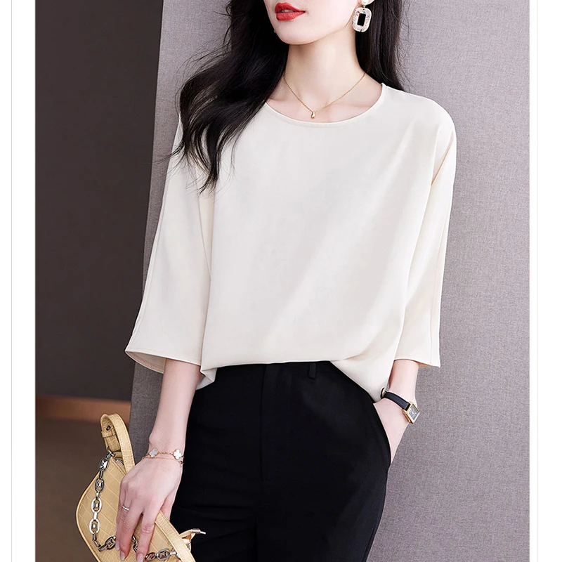 Women Korean Fashion Simple Elegant Temperament Blouse Casual O Neck 3/4 Sleeve Shirt Solid Loose Pullover Tops Blusas De Mujer