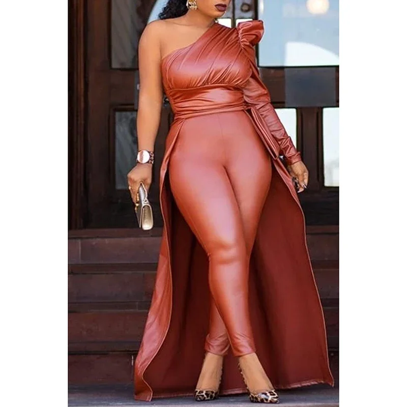 

Plus Size Semi Formal Women Design Vegan Leather One Shoulder Solid Pants Set