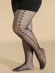 Large Size Transparent Black Casual Stockings, Women's Plus Heart Jacquard Side Semi Sheer High Rise Pantyhose
