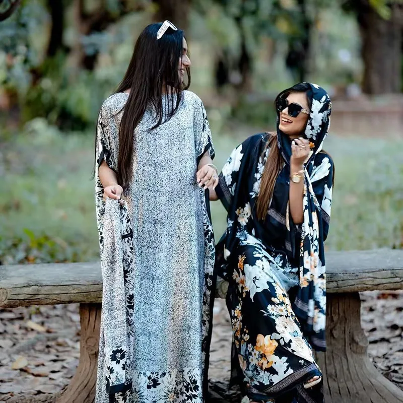 عبايات حريرية إسلامية للنساء 2025 موضة طباعة الإسلام تركيا رداء نسائي فضفاض أنيق فستان صيفي أفريقي مع الحجاب