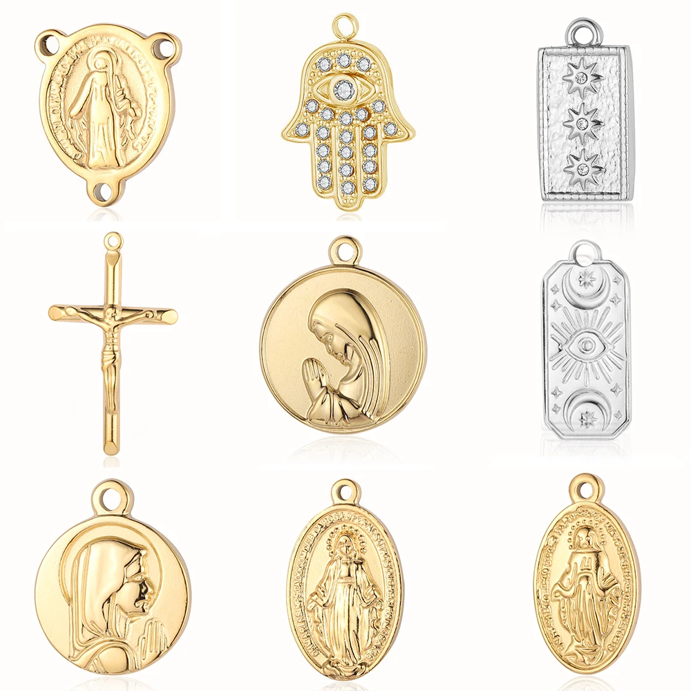 3 unids/lote Dios Virgen María espejo pulido 316 Acero inoxidable DIY encanto ojo Hamsa mano Cruz joyería cabeza de Buda COLLAR COLGANTE