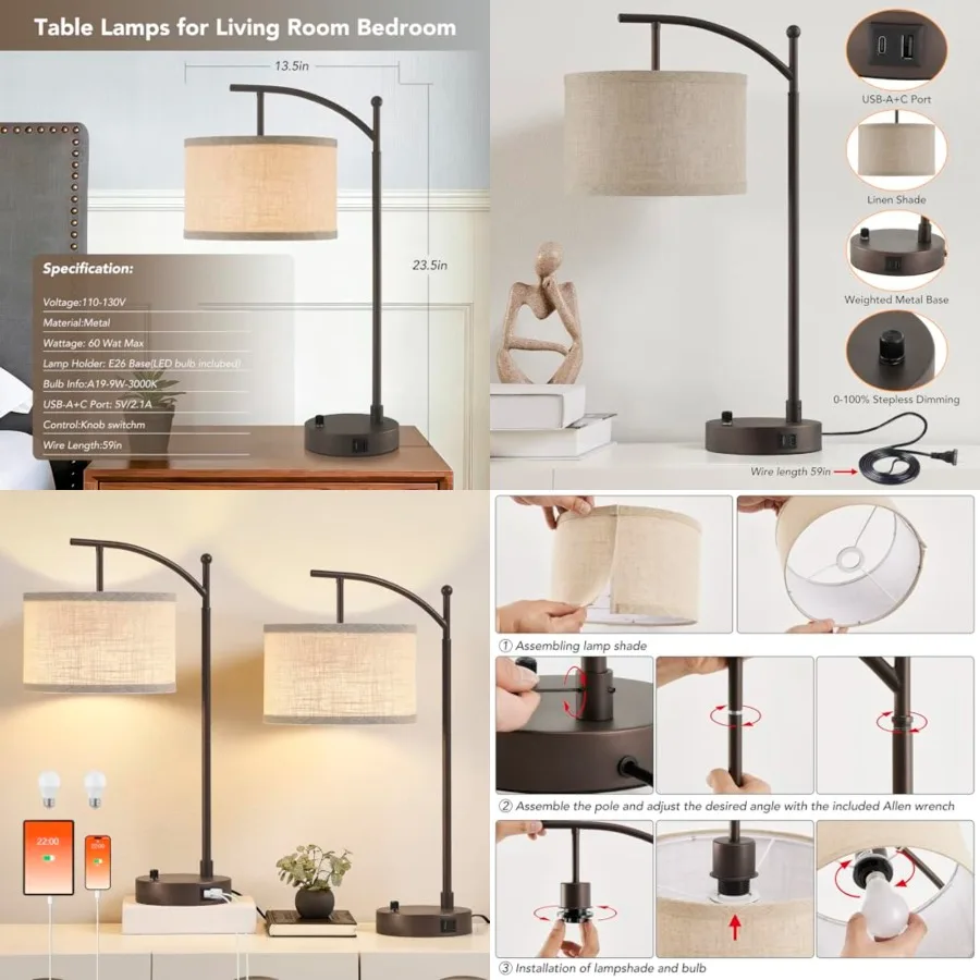 

Table Lamp for Living Room Bedroom, 23.5" Table Lamps Set of 2 with USB C+A Ports, Bedside Lamps for Nightstand with Linen Lamp
