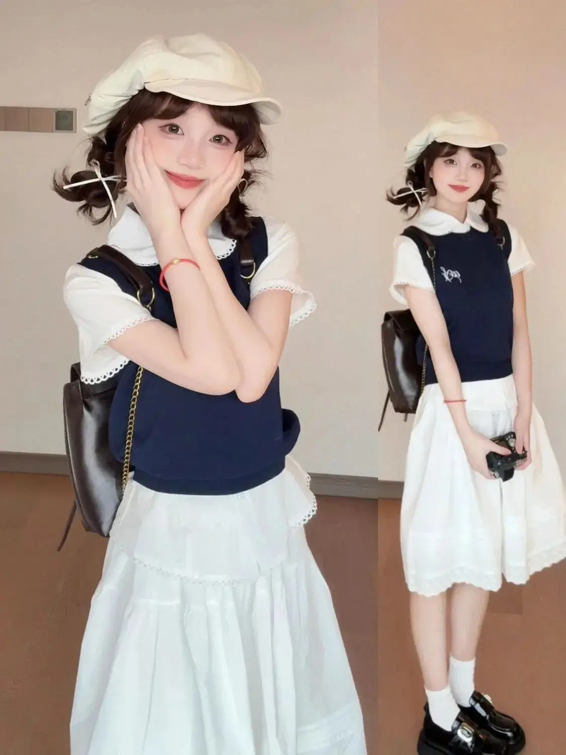 

Корейский летний комплект для женщин: топ-жилет и юбка, облегающий крой, с воротником