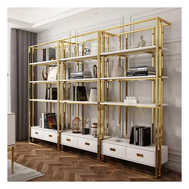 Living Room Furniture New Design Stainless Steel Glass Bookshelf Montessori Bookshelf Bookcase White Wood Library