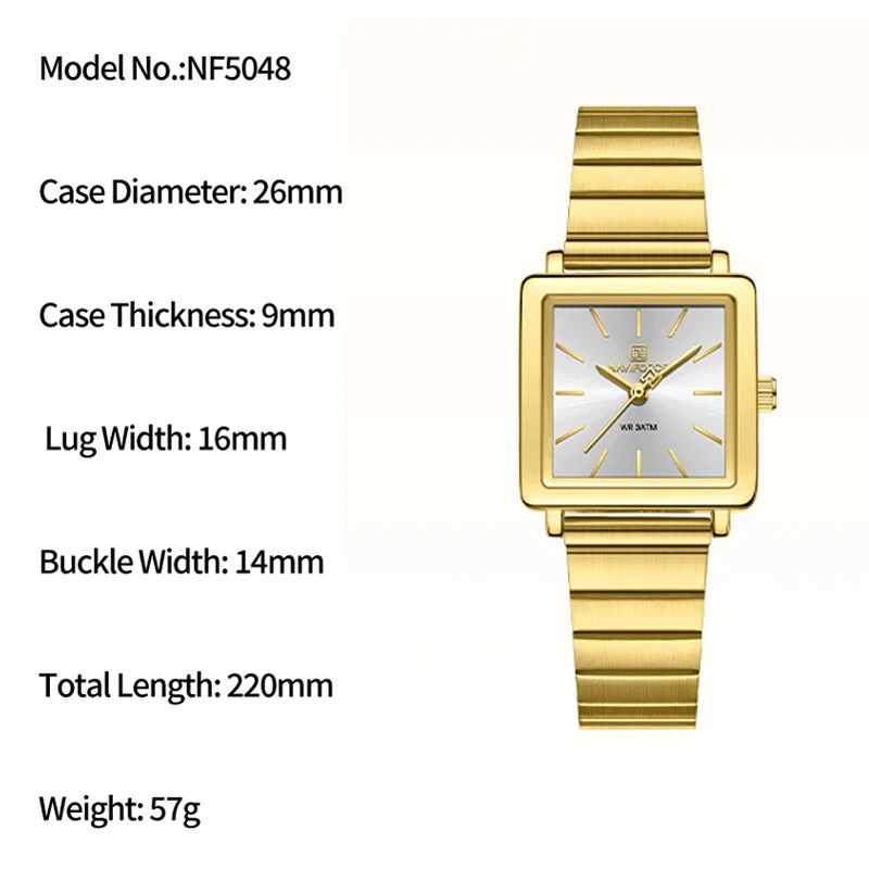 NAVIFORCE New Style Elegant Women's Quartz Watches 3ATM Waterproof Square Female Wristwatch Stainless Steel Fashion Ladies Clock