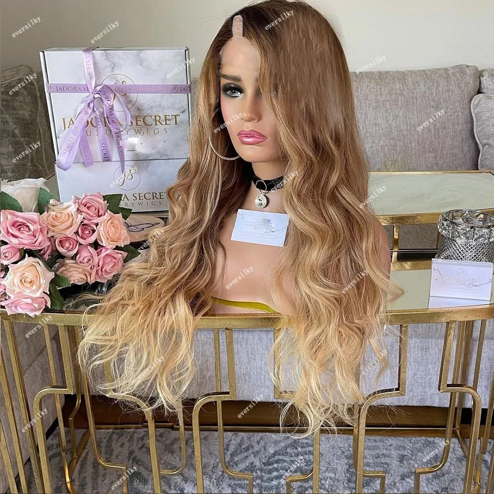 Ombre Golden Honey Blonde Loose Wave V Part 100% Human Hair Wigs Brown Side/Middle Open Wig Body Wavy U Shape Full Machine End