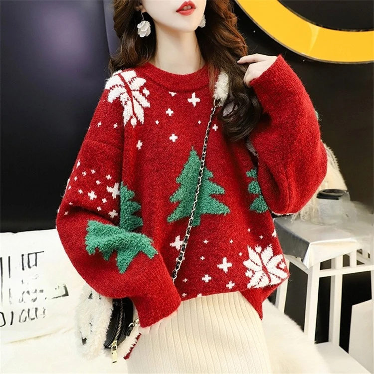 

New Christmas Sweater Women's Pullover Loose Lazy Style Christmas Tree Round Neck Long Sleeved Elegant Sweet Knit Sweater Top