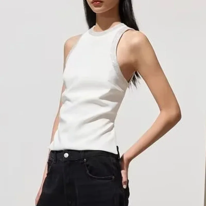 

2025European and American New Summer 's Fashion Elegant Slim Sleeveless Backless Rhinestone Design Vest Top for Women