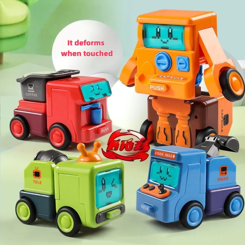 

One at a time, this engineering toy car collides with a deformable car robot. It is durable, shock-resistant and fun, featuring