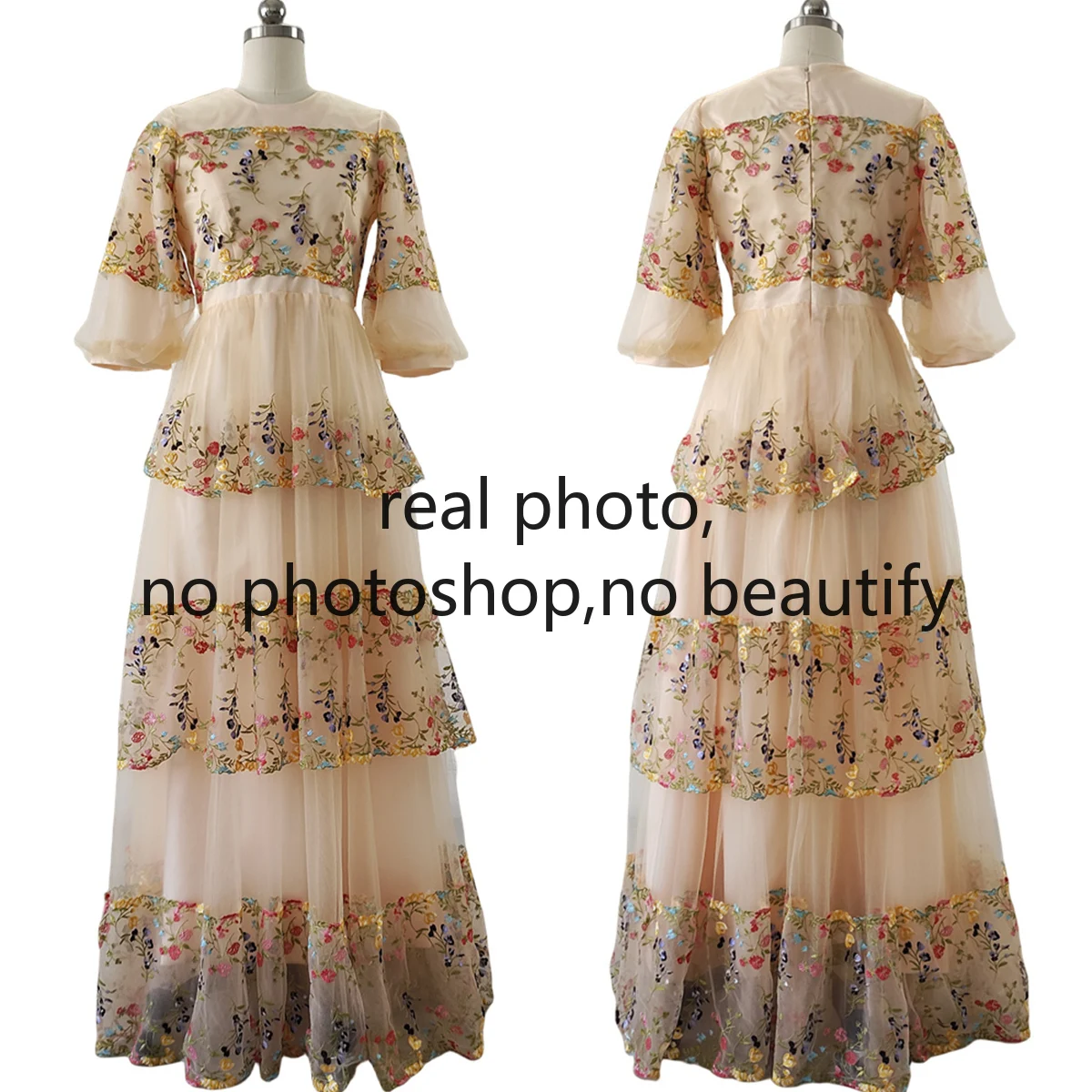 

Real Photo Muslim Evening Dresses Champagne Floral Embroidery O-neck 3/4 Sleeves A-line Floor Length Plus size Women Party Gowns