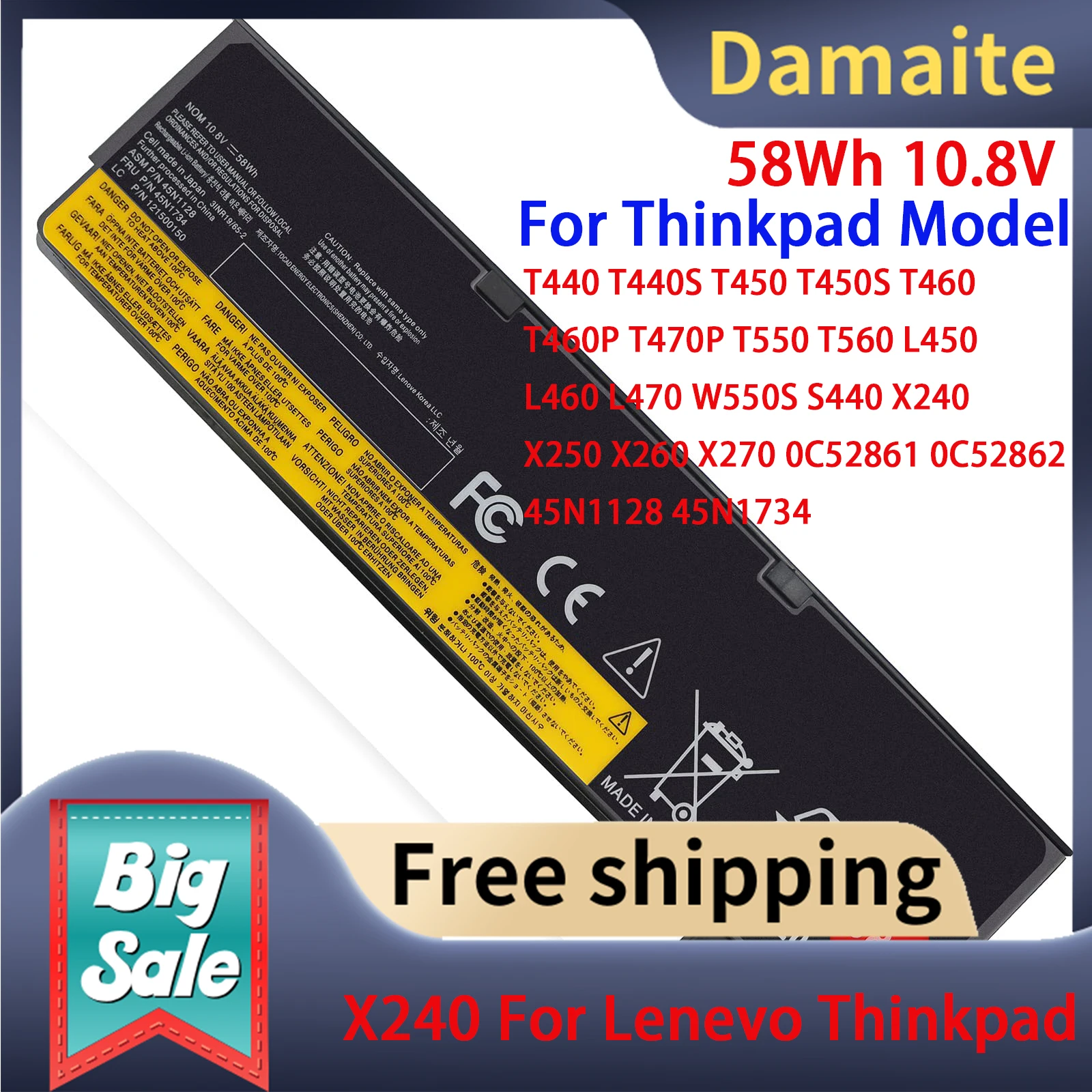 Damaite X240 68+ 58Wh 10.8V Laptop Battert For Lenevo Thinkpad T440 T440S T450 T450S T460 T460P T470P T550 T560 X250 X260 X270