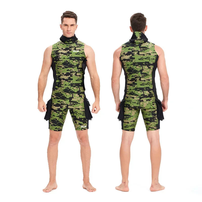 

Camouflage High Elasticity Warm Diving Suit, Hooded Titanium Coated Vest And Shorts Set, Adult Men And Women Diving Equipment