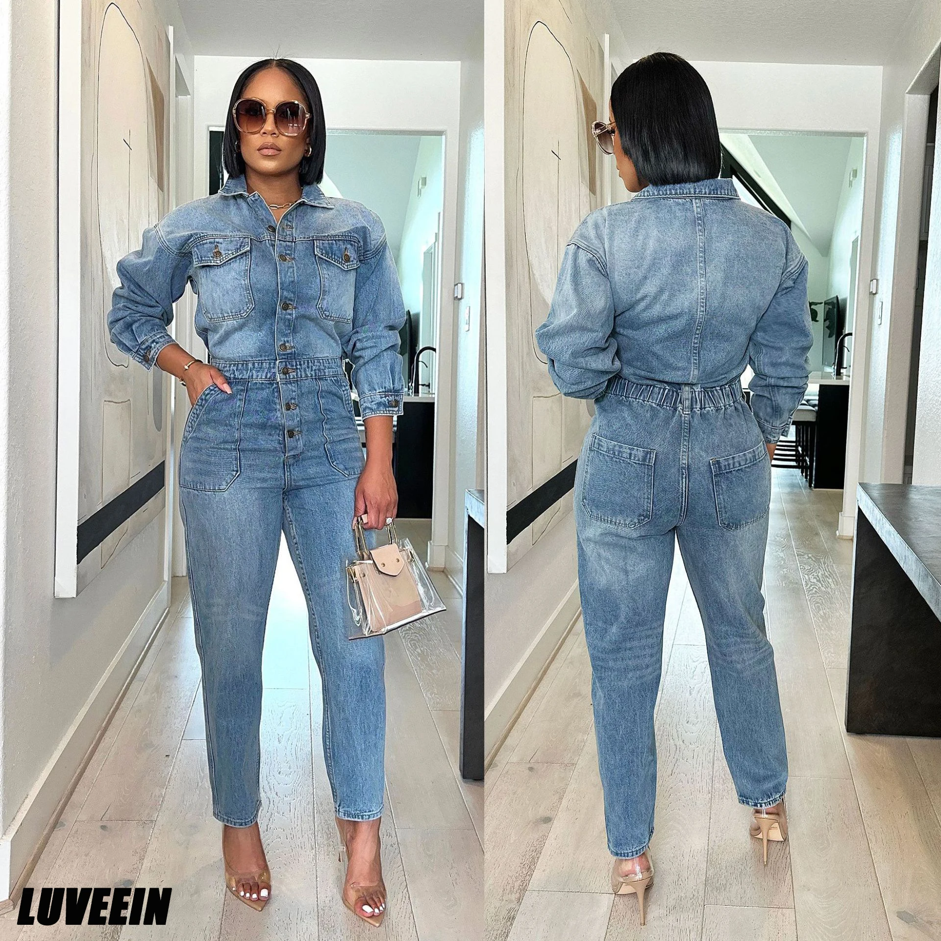 

Denim Sexy Elegant Jumpsuits One Piece Bodycon Rompers Pocket Cargo Pants 2023 Winter Fall Women Jean Jumpsuits Bodysuits