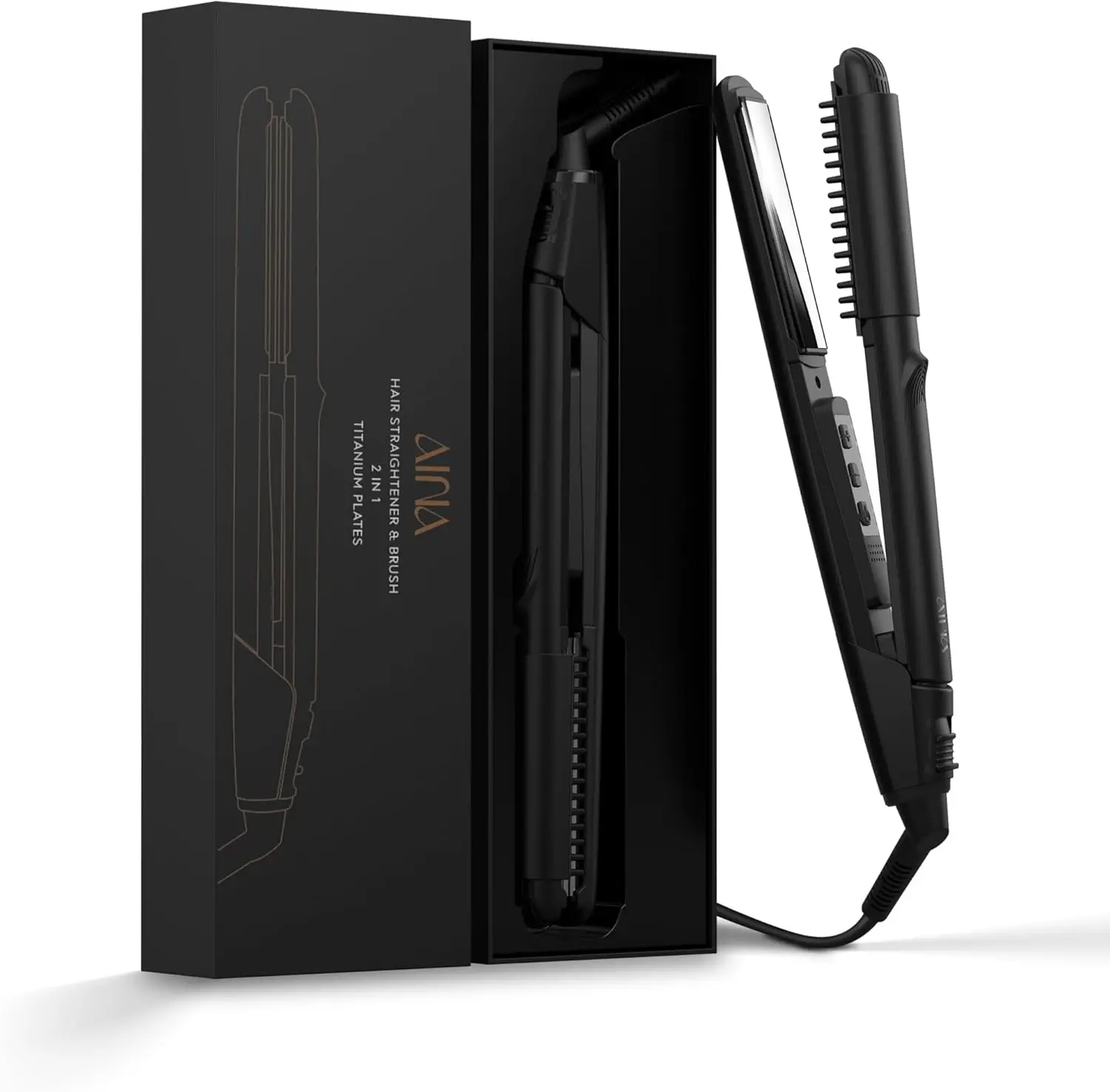 

2-in-1 Hair Straightener Comb, Titanium Flat Iron 450°F, Dual Voltage, Anti-Frizz, Tangles Remover (Black)