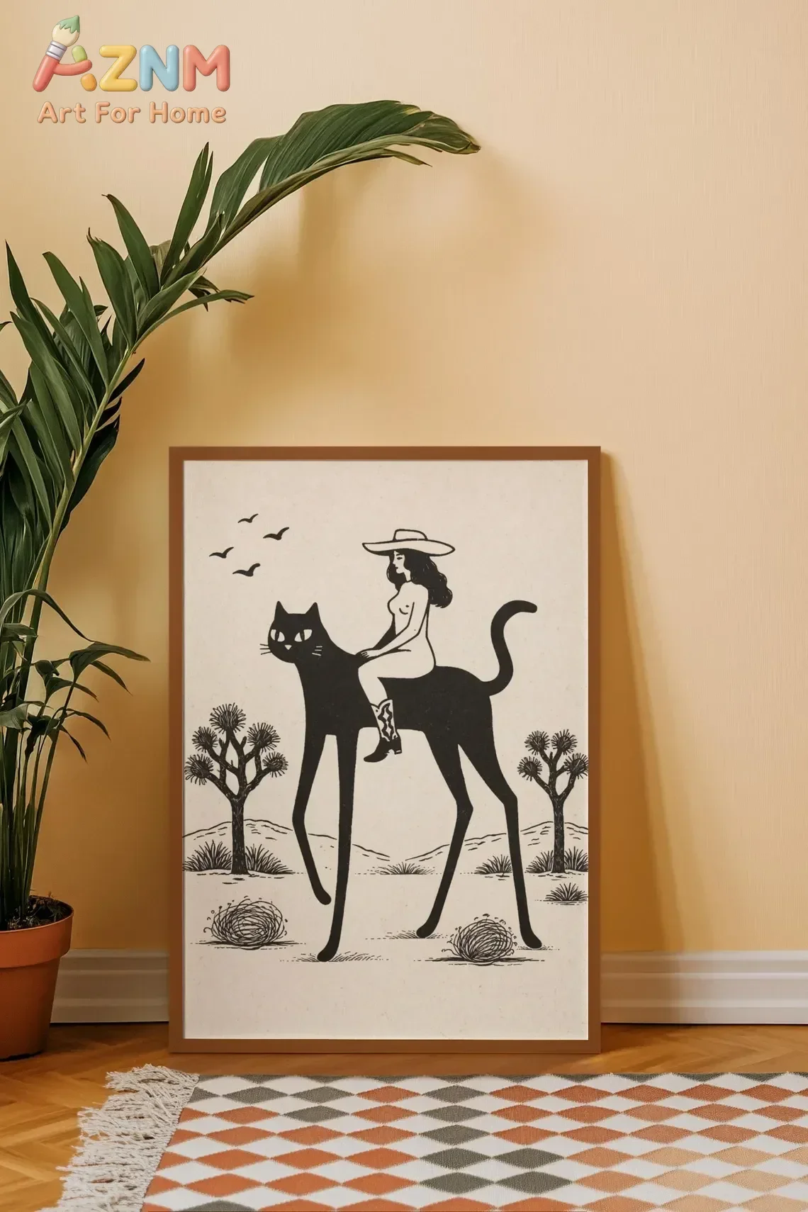 AZNM Cowgirl Riding Giant Black Cat Canvas Wall Art Desert Joshua Tree Retro Line Art Print Unframed Canvas Poster for Home Deco